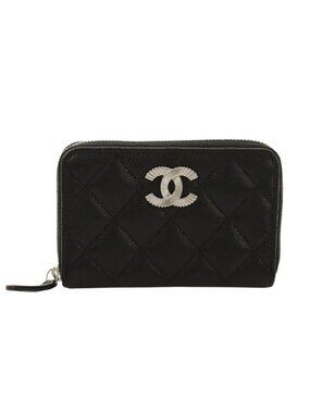 Chanel CC Logo Small Zip Wallet Gray Calfskin Caviar Quilted Black